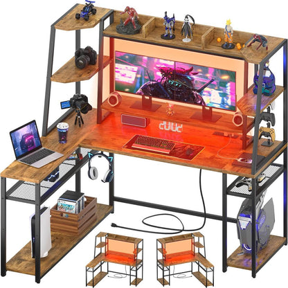 63'' Large L Shaped Gaming Desk with LED Lights & Power Strips, Reversible