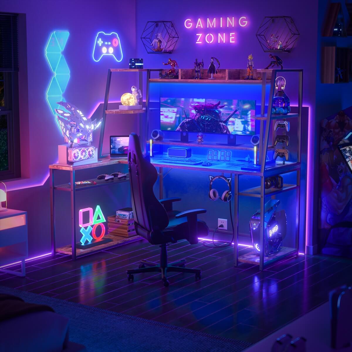 63'' Large L Shaped Gaming Desk with LED Lights & Power Strips, Reversible