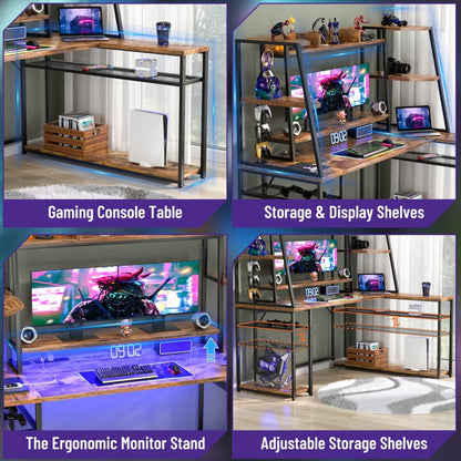 63'' Large L Shaped Gaming Desk with LED Lights & Power Strips, Reversible