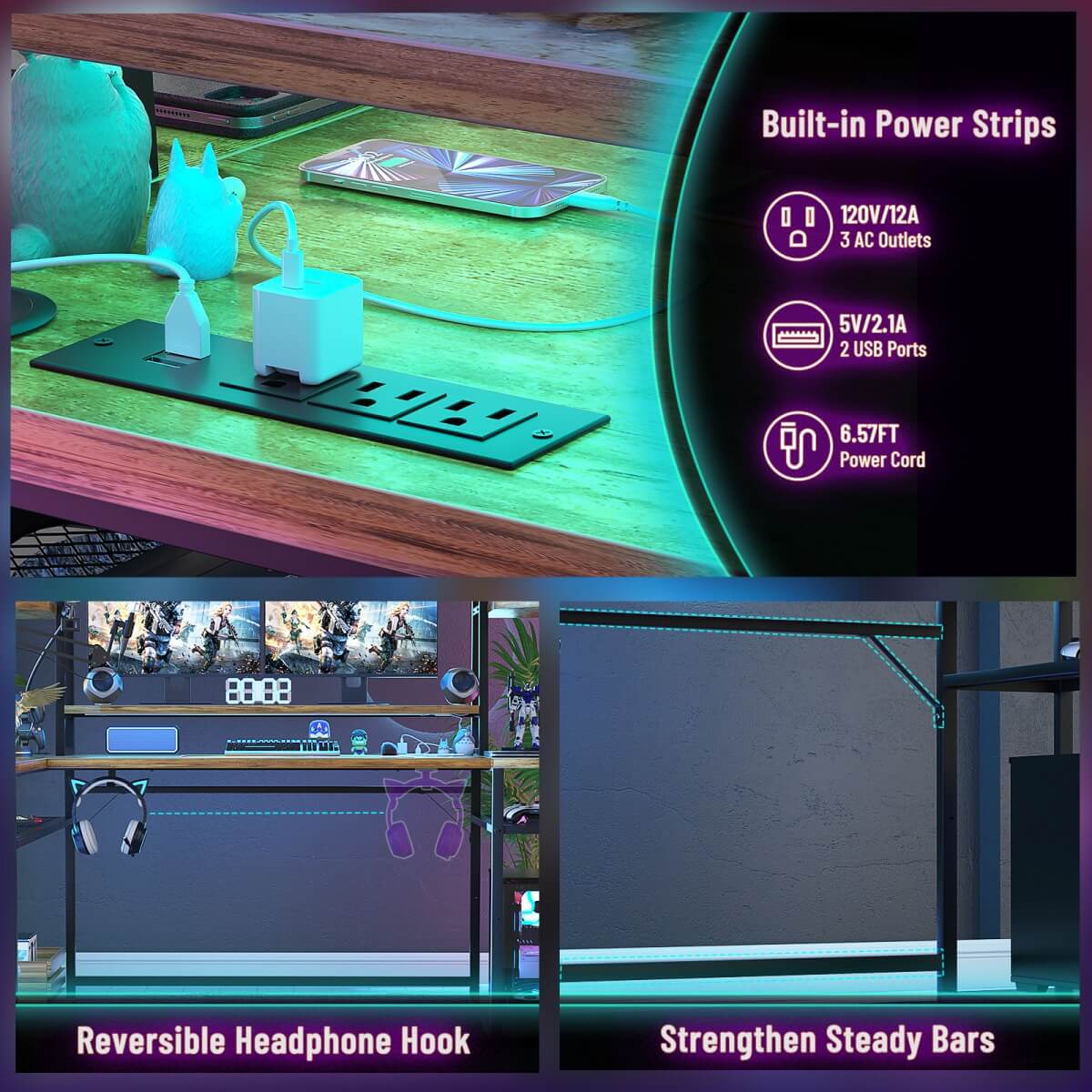 63'' Large L Shaped Gaming Desk with LED Lights & Power Strips, Reversible
