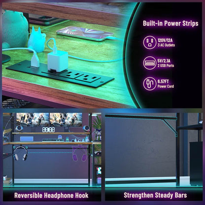 63'' Large L Shaped Gaming Desk with LED Lights & Power Strips, Reversible