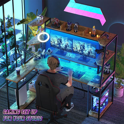 63'' Large L Shaped Gaming Desk with LED Lights & Power Strips, Reversible