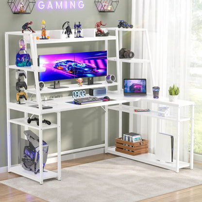 63'' Large L Shaped Gaming Desk with LED Lights & Power Strips, Reversible