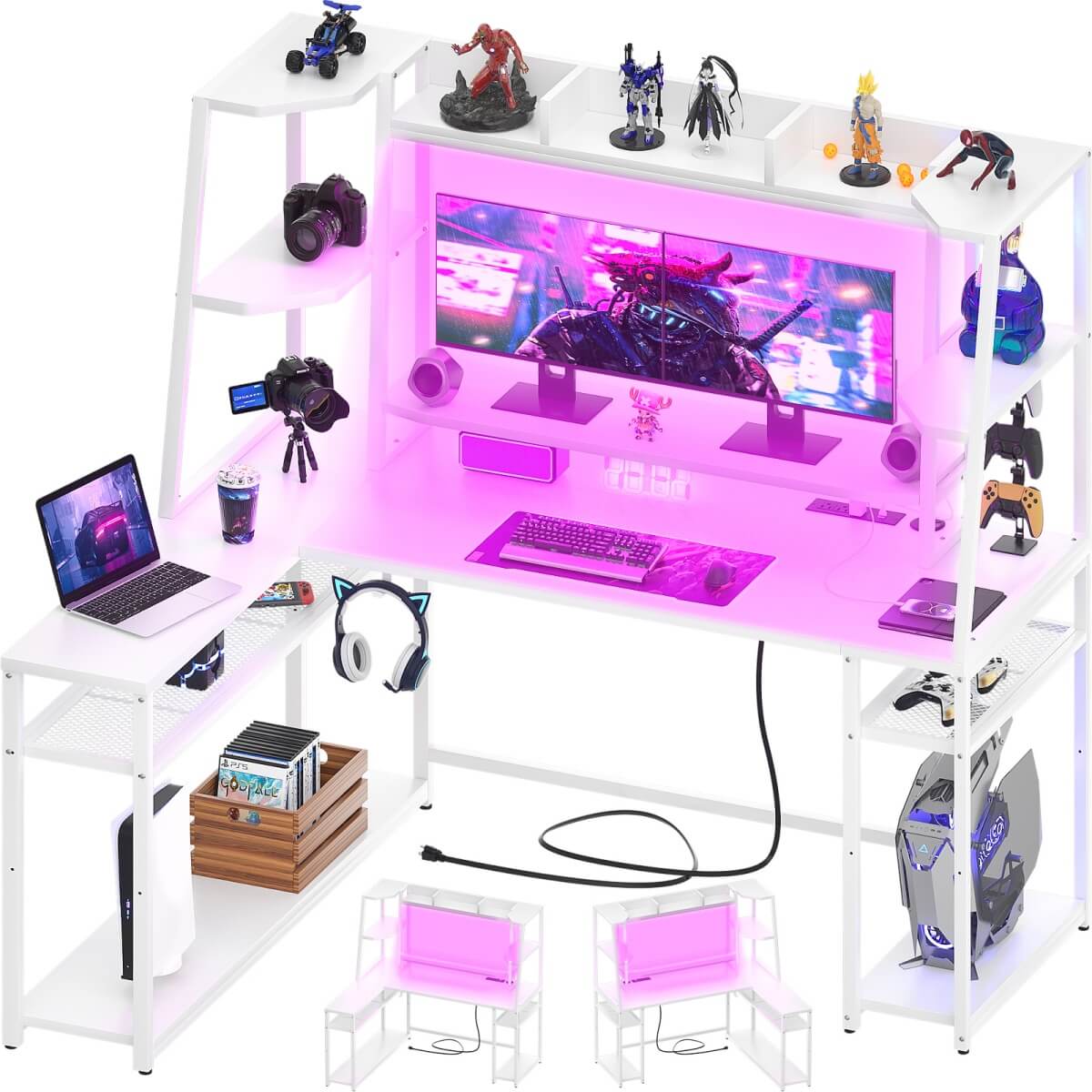 63'' Large L Shaped Gaming Desk with LED Lights & Power Strips, Reversible