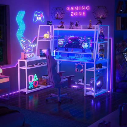 63'' Large L Shaped Gaming Desk with LED Lights & Power Strips, Reversible