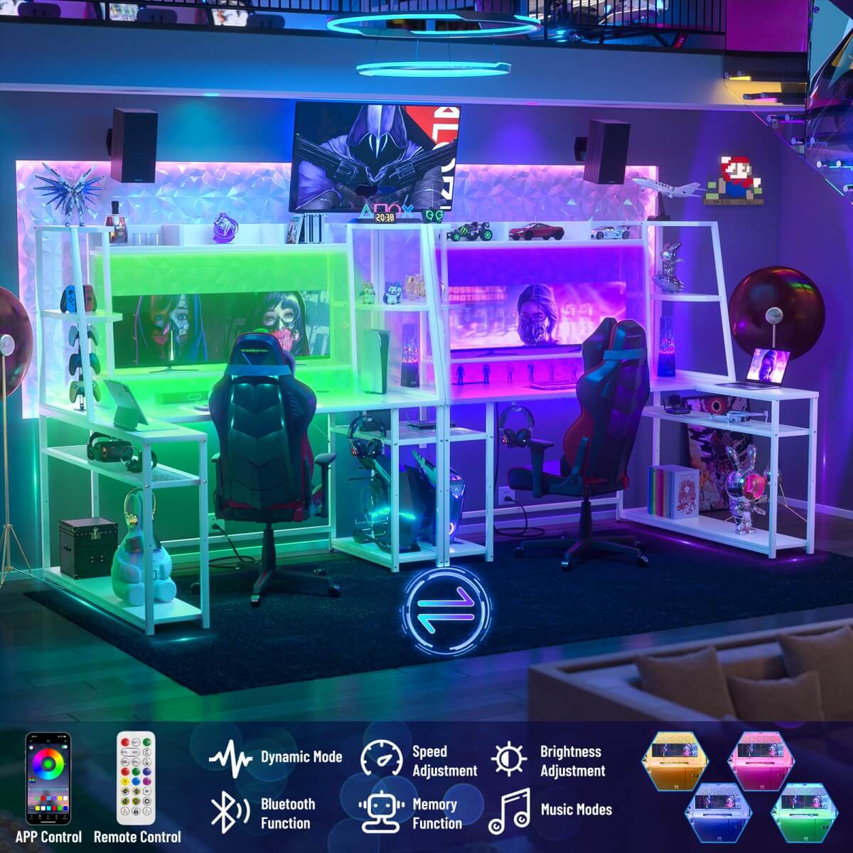 63'' Large L Shaped Gaming Desk with LED Lights & Power Strips, Reversible