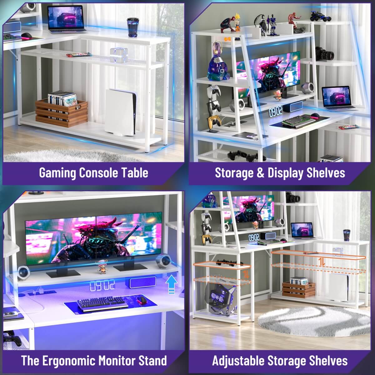 63'' Large L Shaped Gaming Desk with LED Lights & Power Strips, Reversible