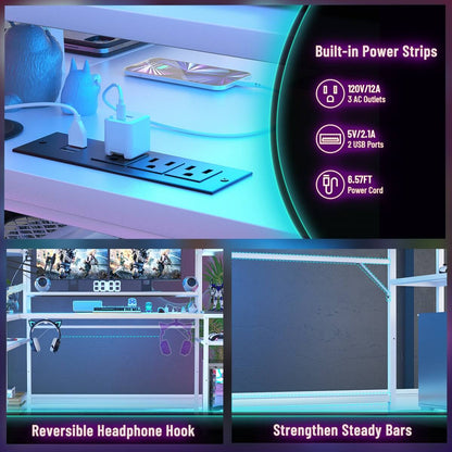 63'' Large L Shaped Gaming Desk with LED Lights & Power Strips, Reversible