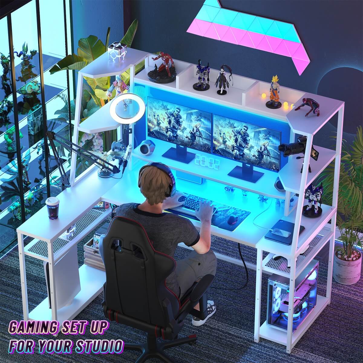 63'' Large L Shaped Gaming Desk with LED Lights & Power Strips, Reversible