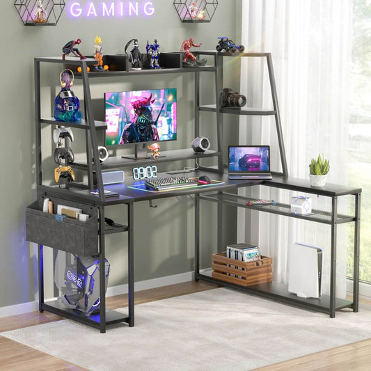 47'' L Shaped Gaming Computer Desk with Hutch, Storage Shelves, LED Lights & Outlets