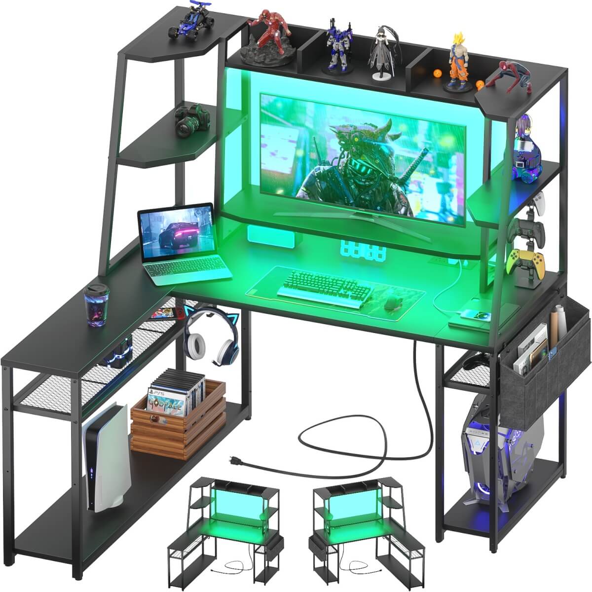 47'' L Shaped Gaming Computer Desk with Hutch, Storage Shelves, LED Lights & Outlets