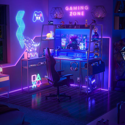 47'' L Shaped Gaming Computer Desk with Hutch, Storage Shelves, LED Lights & Outlets