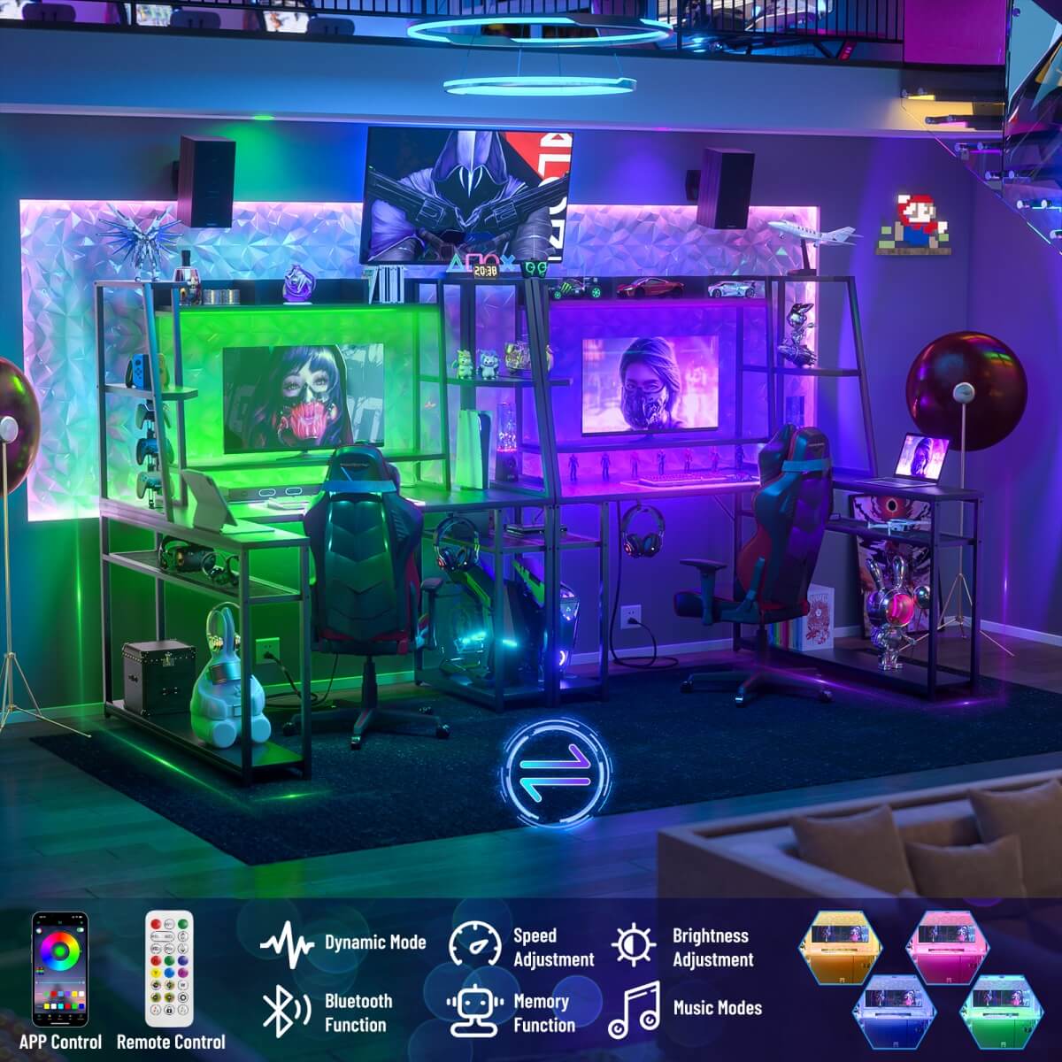 47'' L Shaped Gaming Computer Desk with Hutch, Storage Shelves, LED Lights & Outlets