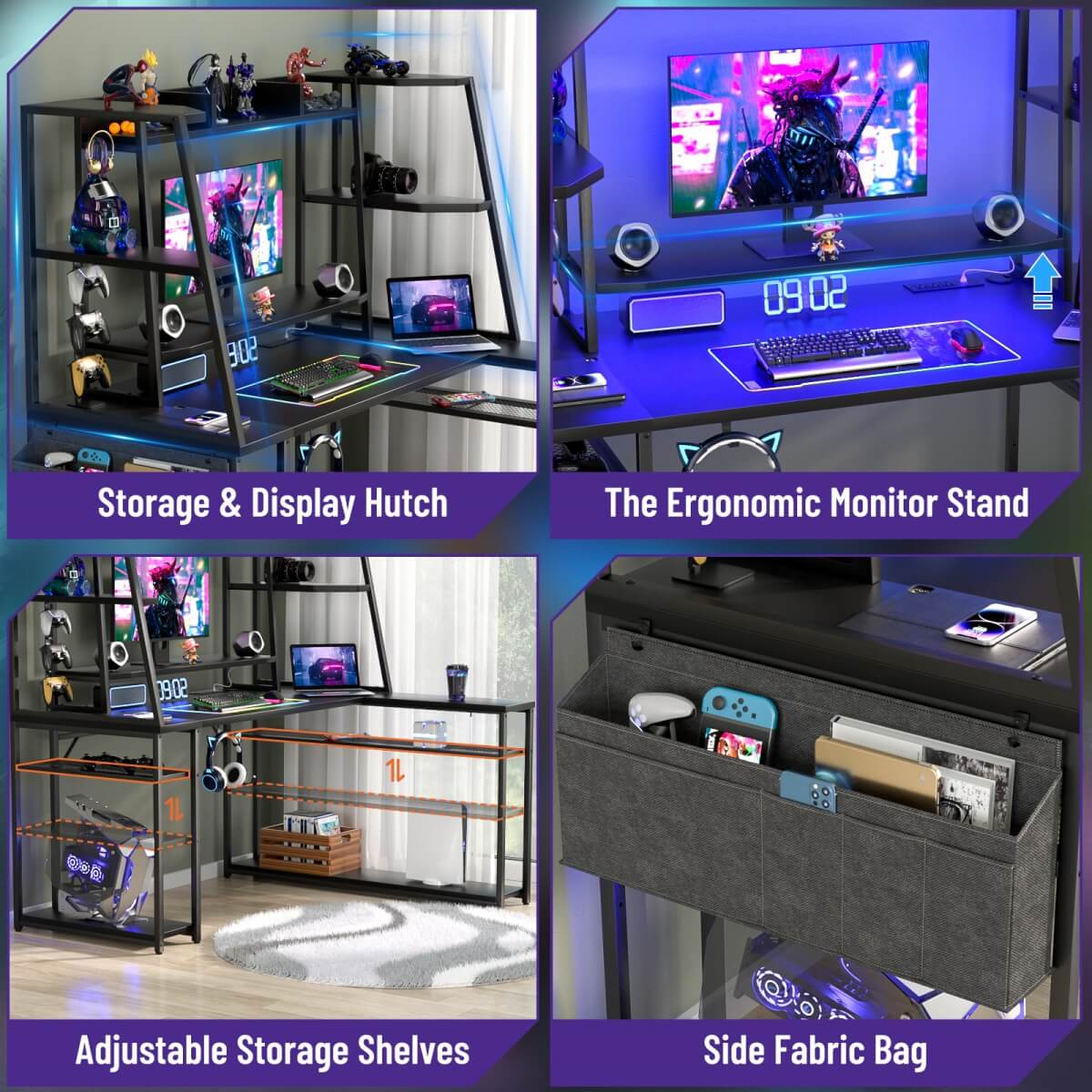 47'' L Shaped Gaming Computer Desk with Hutch, Storage Shelves, LED Lights & Outlets