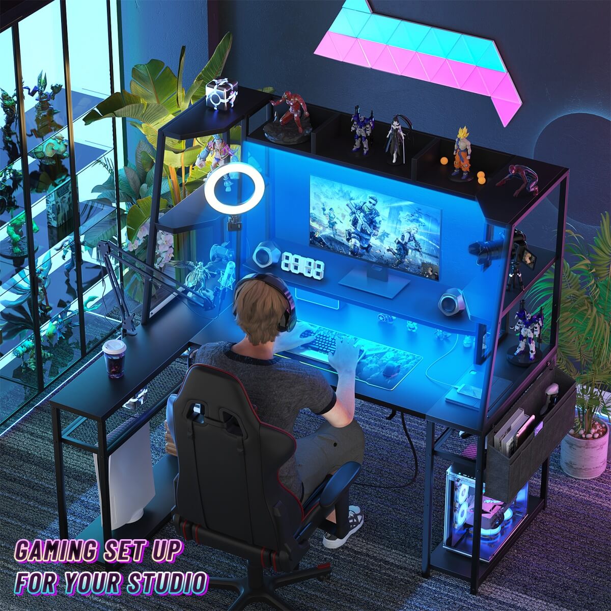 47'' L Shaped Gaming Computer Desk with Hutch, Storage Shelves, LED Lights & Outlets