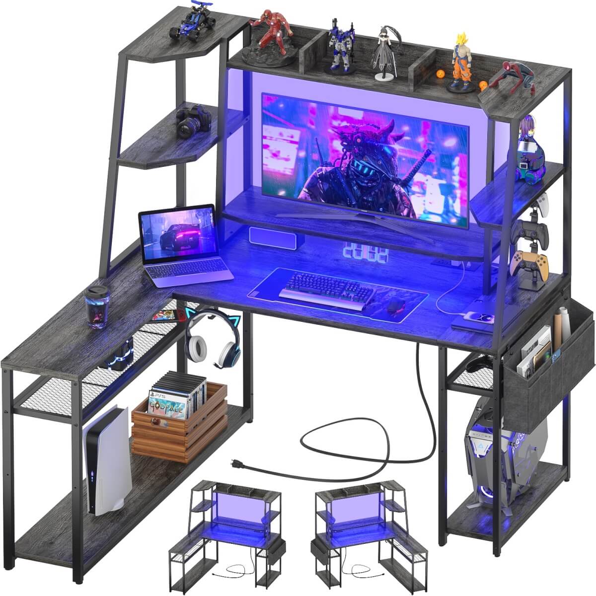 47'' L Shaped Gaming Computer Desk with Hutch, Storage Shelves, LED Lights & Outlets