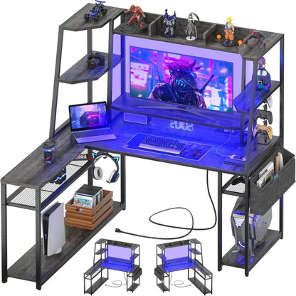 47'' L Shaped Gaming Computer Desk with Hutch, Storage Shelves, LED Lights & Outlets