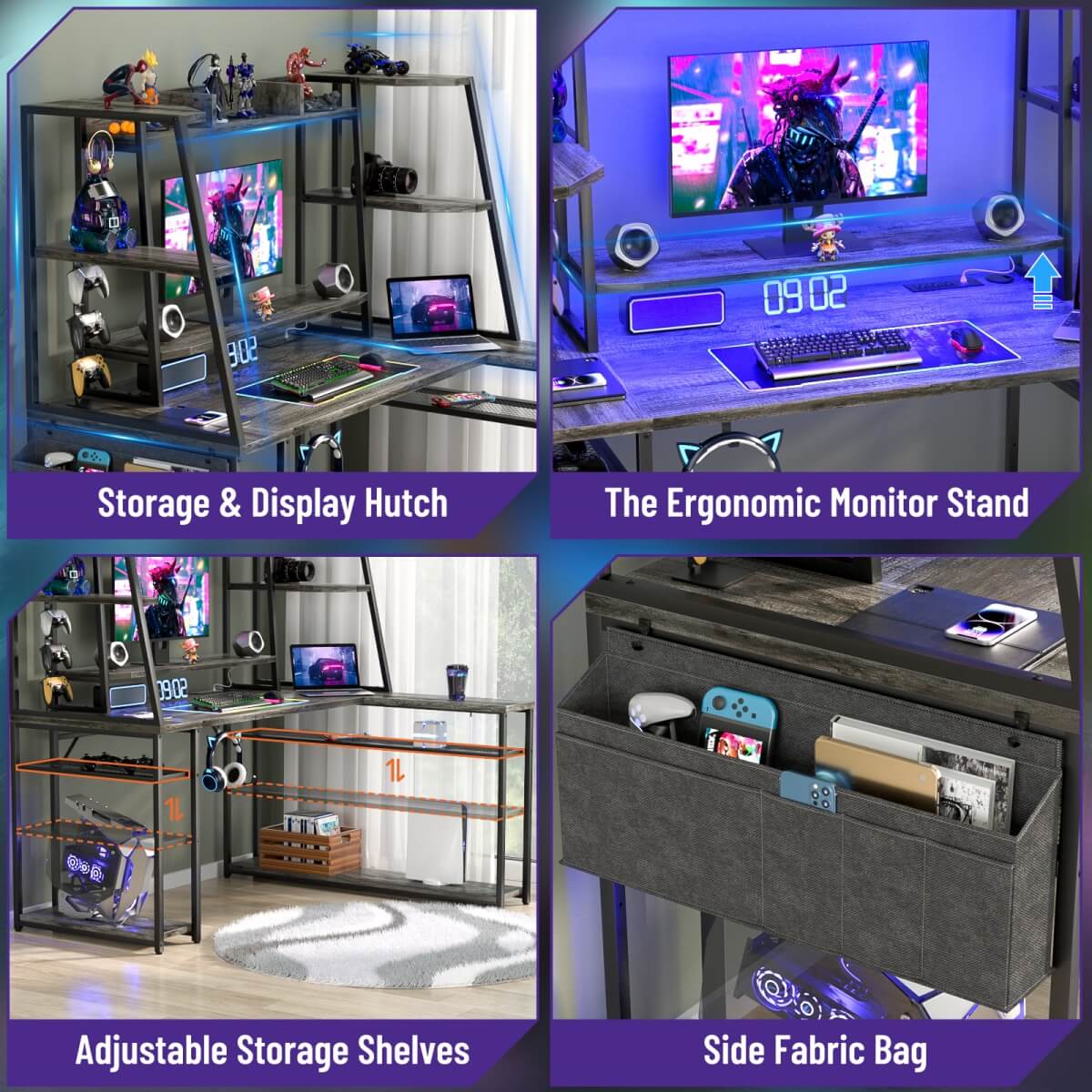 47'' L Shaped Gaming Computer Desk with Hutch, Storage Shelves, LED Lights & Outlets