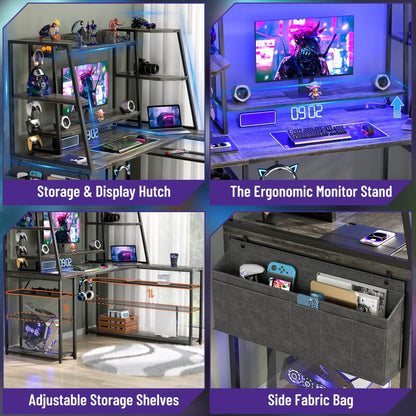 47'' L Shaped Gaming Computer Desk with Hutch, Storage Shelves, LED Lights & Outlets