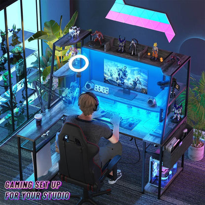 47'' L Shaped Gaming Computer Desk with Hutch, Storage Shelves, LED Lights & Outlets