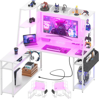 47'' L Shaped Gaming Computer Desk with Hutch, Storage Shelves, LED Lights & Outlets