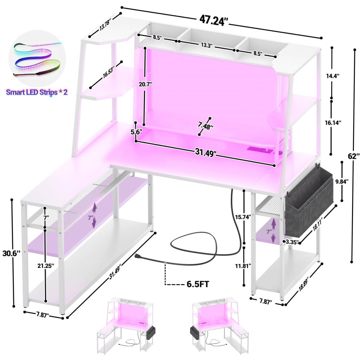 47'' L Shaped Gaming Computer Desk with Hutch, Storage Shelves, LED Lights & Outlets