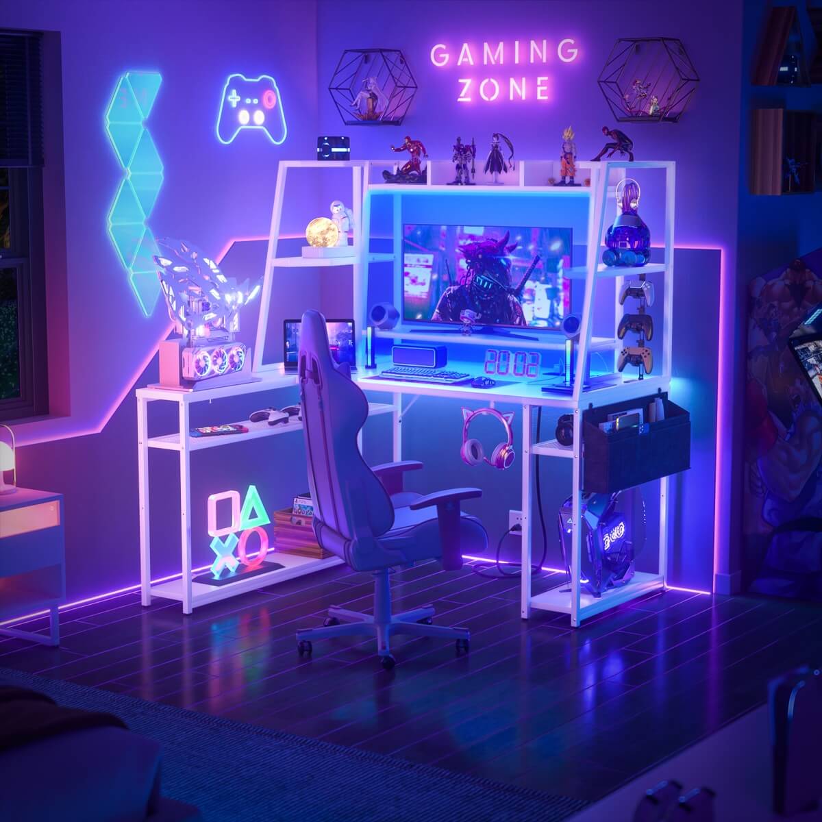47'' L Shaped Gaming Computer Desk with Hutch, Storage Shelves, LED Lights & Outlets