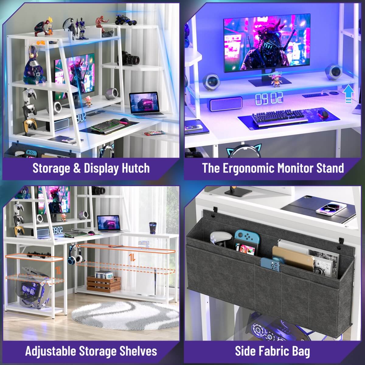 47'' L Shaped Gaming Computer Desk with Hutch, Storage Shelves, LED Lights & Outlets