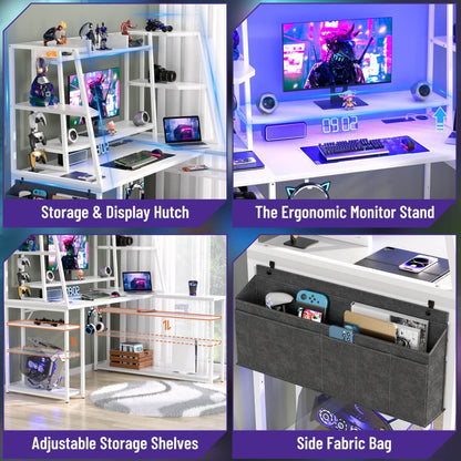 47'' L Shaped Gaming Computer Desk with Hutch, Storage Shelves, LED Lights & Outlets
