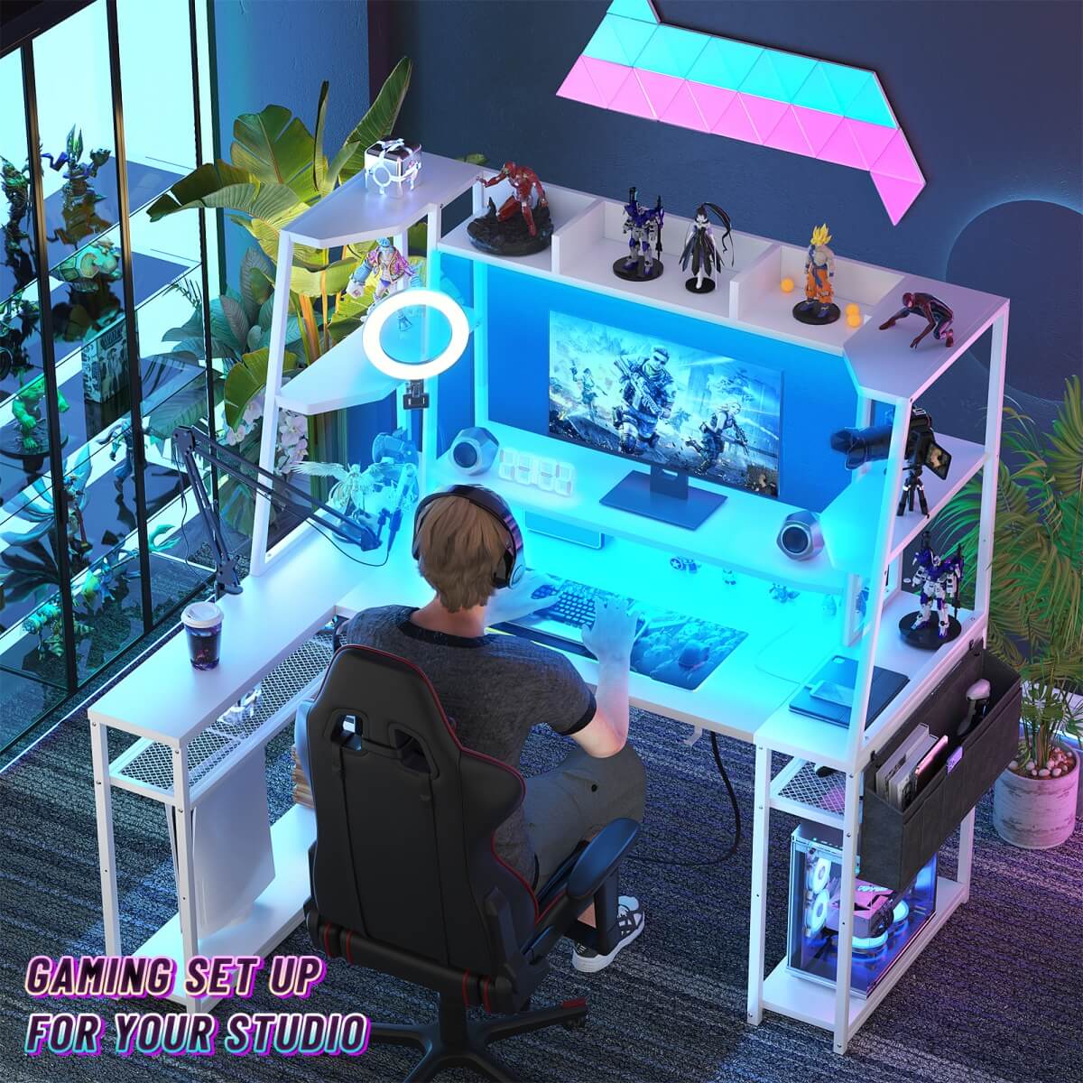 47'' L Shaped Gaming Computer Desk with Hutch, Storage Shelves, LED Lights & Outlets