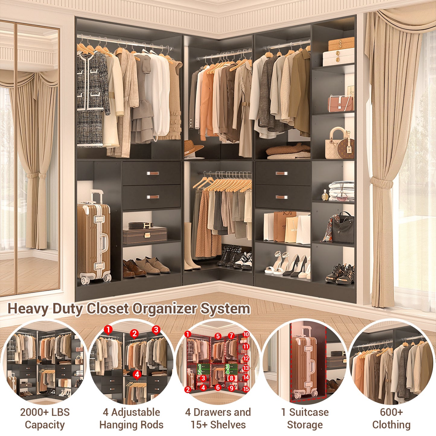 Closet System with 3 Sets, 110'' Reversible Stand-alone Wardrobe