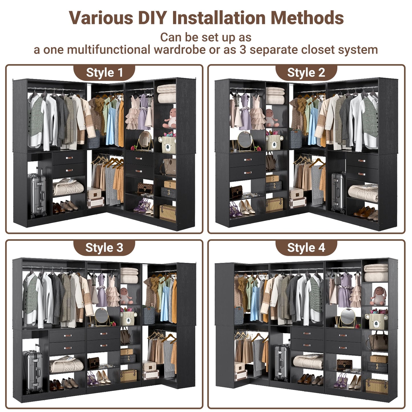 Closet System with 3 Sets, 110'' Reversible Stand-alone Wardrobe