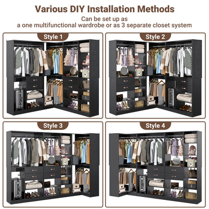 Closet System with 3 Sets, 110'' Reversible Stand-alone Wardrobe