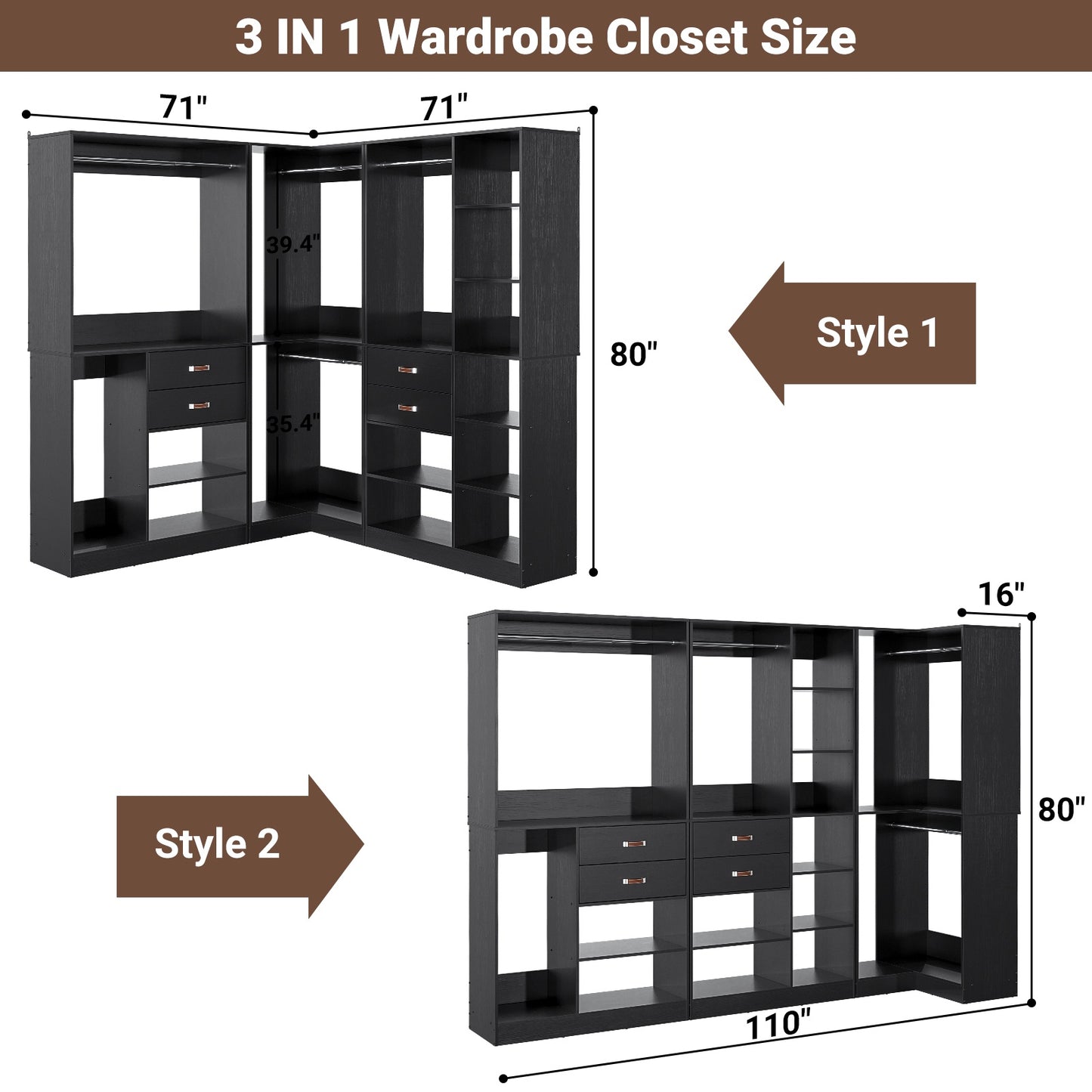 Closet System with 3 Sets, 110'' Reversible Stand-alone Wardrobe