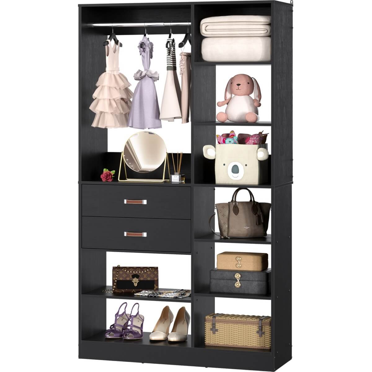 40 Inch Freestanding Closet System with 2 Drawers, Shelves, and Suitcase Storage