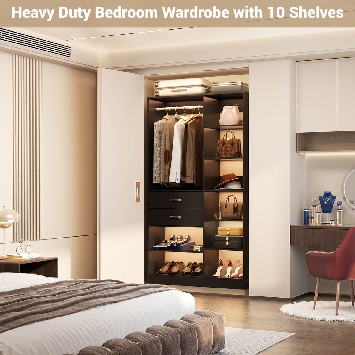 40 Inch Freestanding Closet System with 2 Drawers, Shelves, and Suitcase Storage