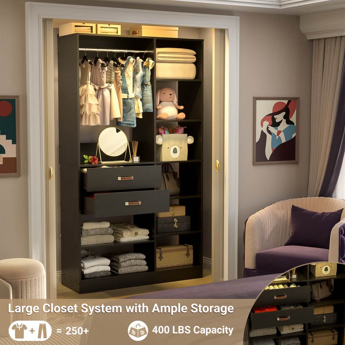40 Inch Freestanding Closet System with 2 Drawers, Shelves, and Suitcase Storage