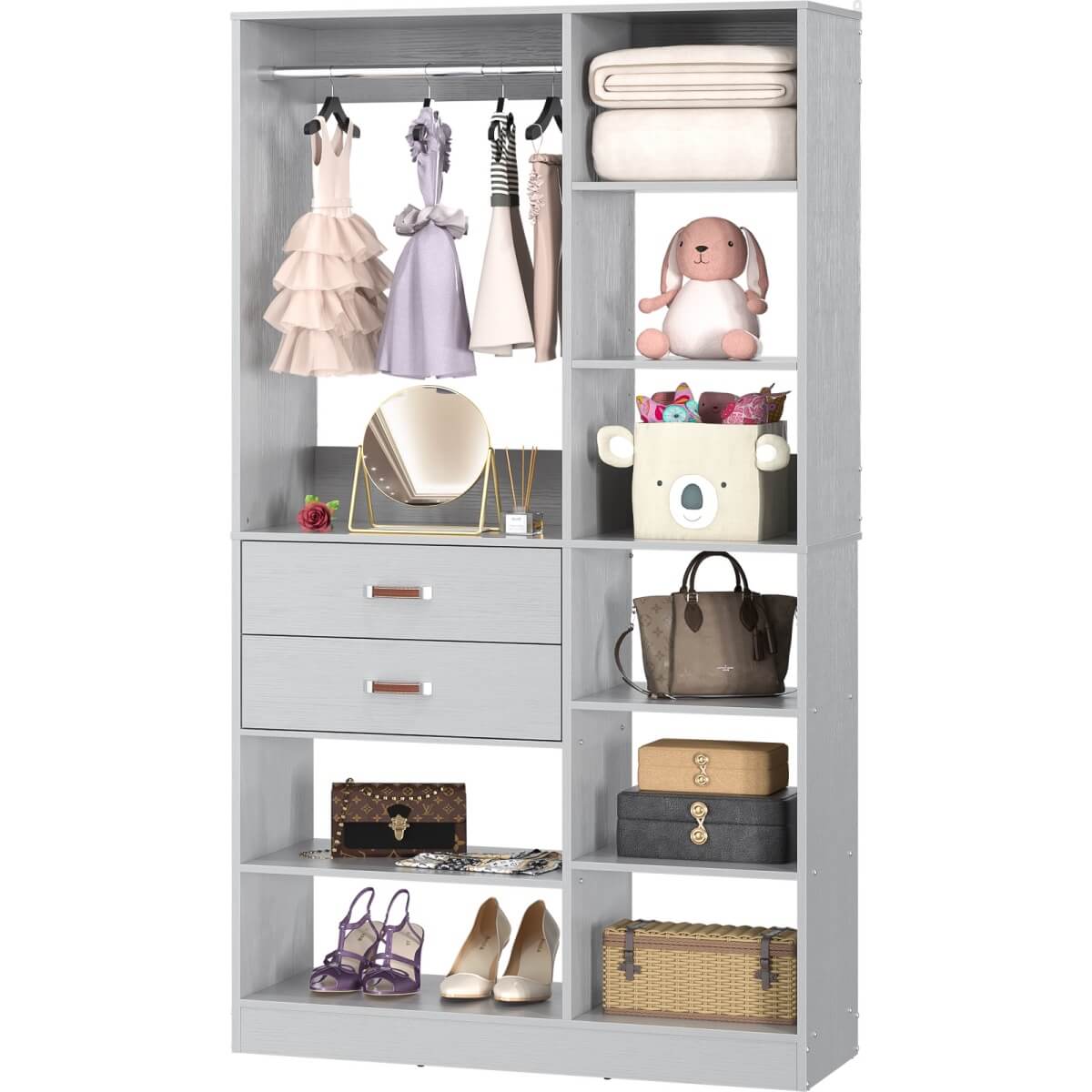 40 Inch Freestanding Closet System with 2 Drawers, Shelves, and Suitcase Storage