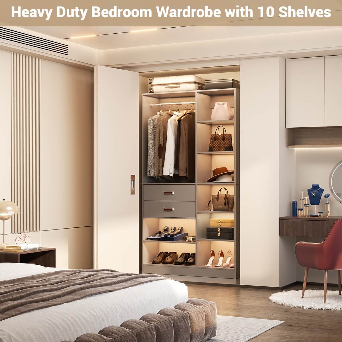 40 Inch Freestanding Closet System with 2 Drawers, Shelves, and Suitcase Storage