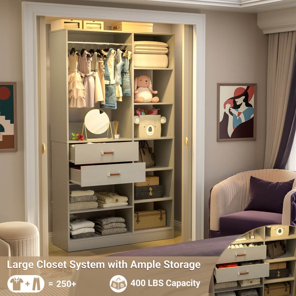 40 Inch Freestanding Closet System with 2 Drawers, Shelves, and Suitcase Storage