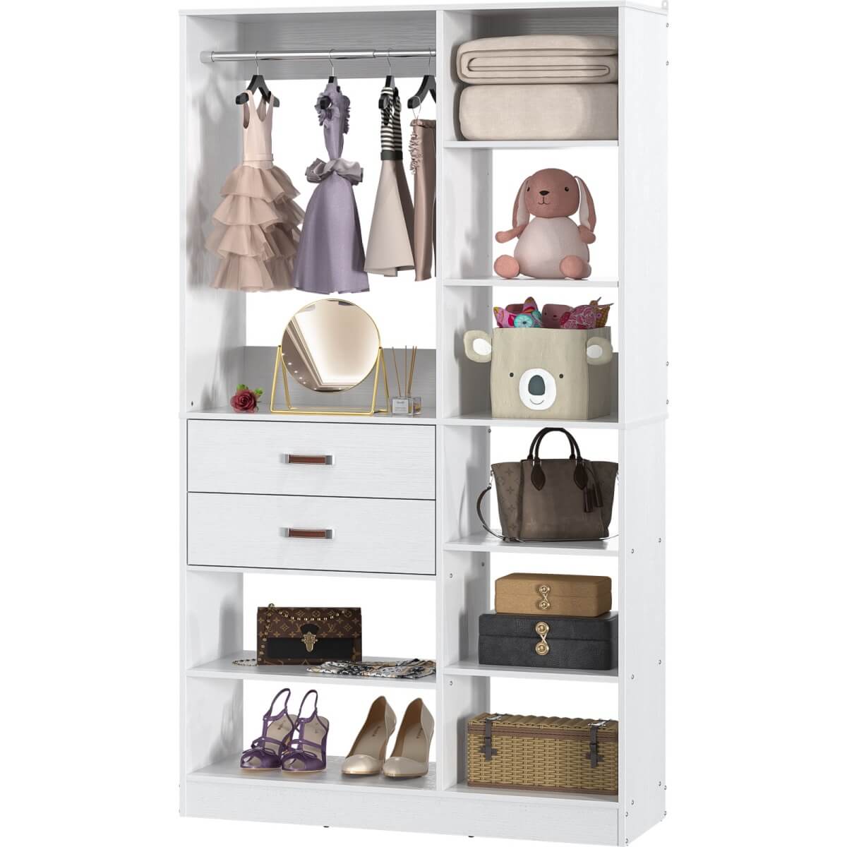 40 Inch Freestanding Closet System with 2 Drawers, Shelves, and Suitcase Storage