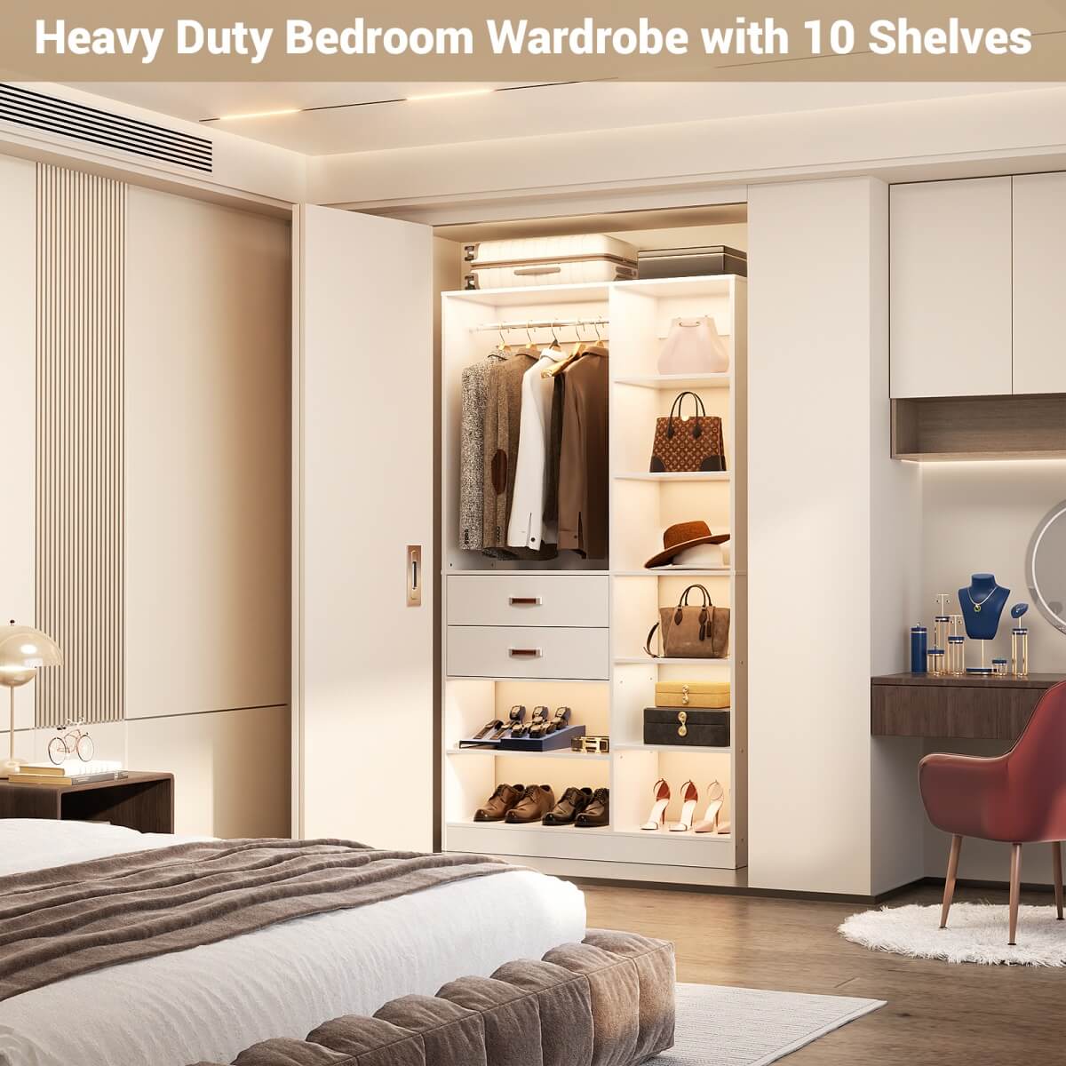 40 Inch Freestanding Closet System with 2 Drawers, Shelves, and Suitcase Storage