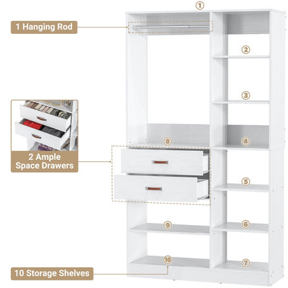 40 Inch Freestanding Closet System with 2 Drawers, Shelves, and Suitcase Storage