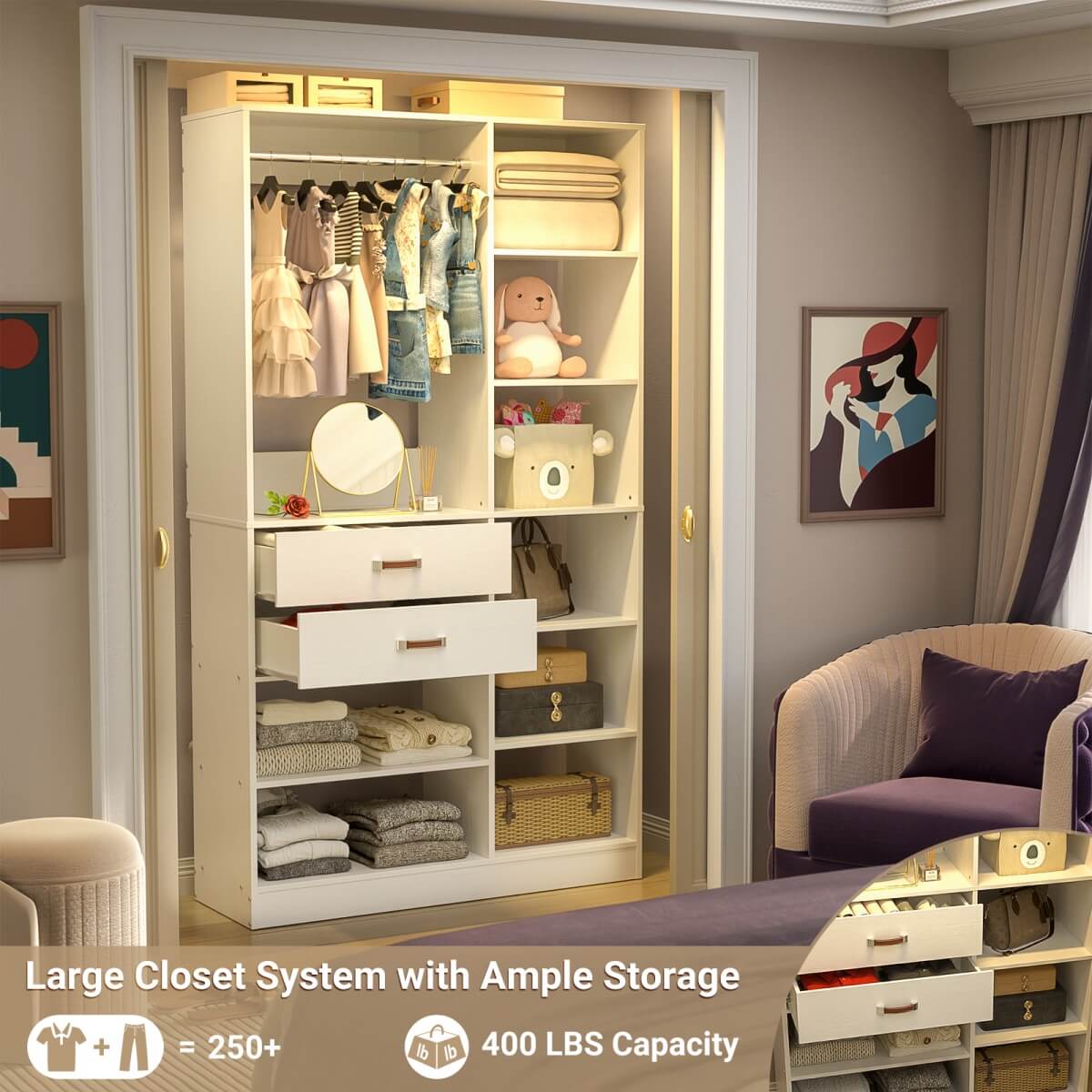 40 Inch Freestanding Closet System with 2 Drawers, Shelves, and Suitcase Storage