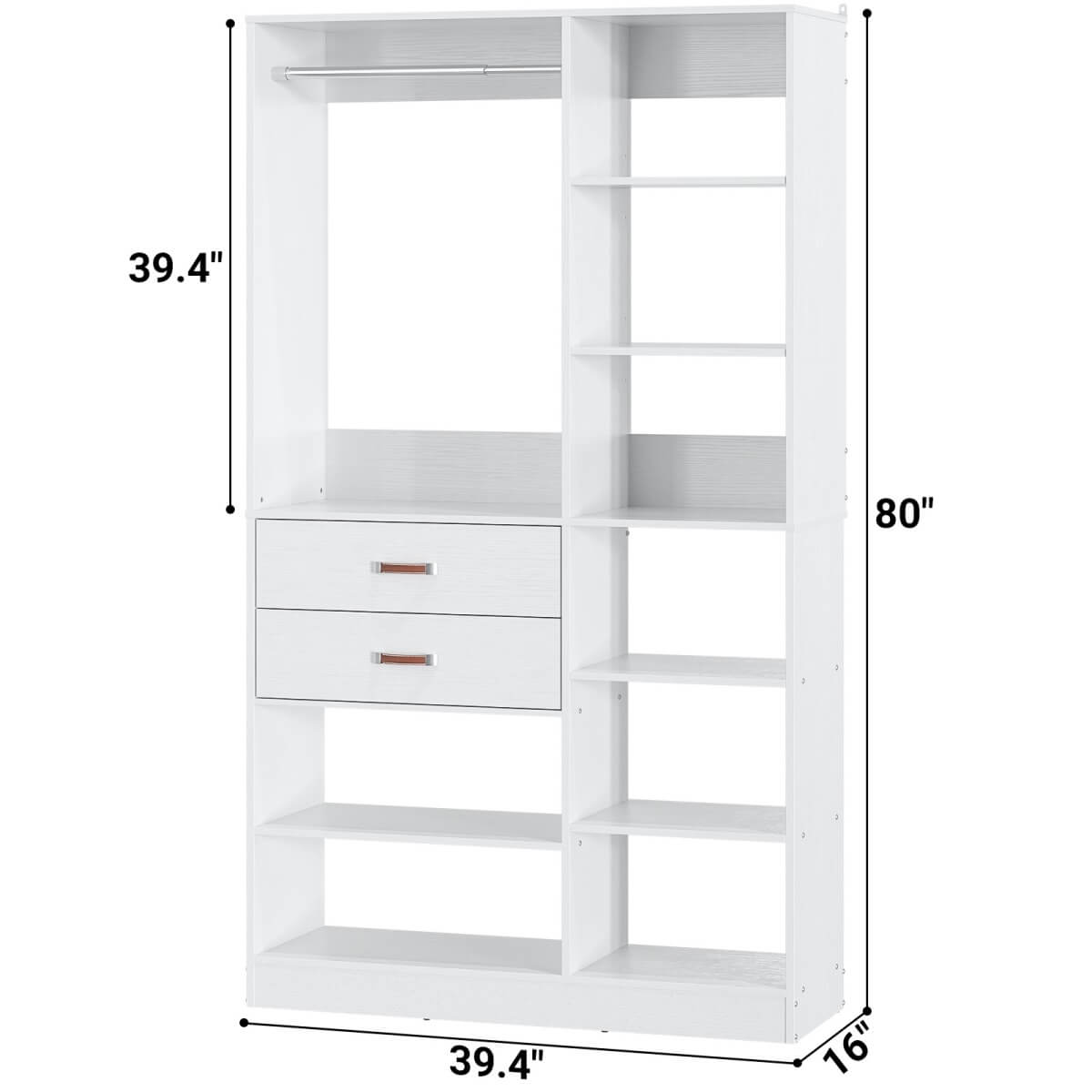 40 Inch Freestanding Closet System with 2 Drawers, Shelves, and Suitcase Storage