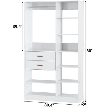 40 Inch Freestanding Closet System with 2 Drawers, Shelves, and Suitcase Storage