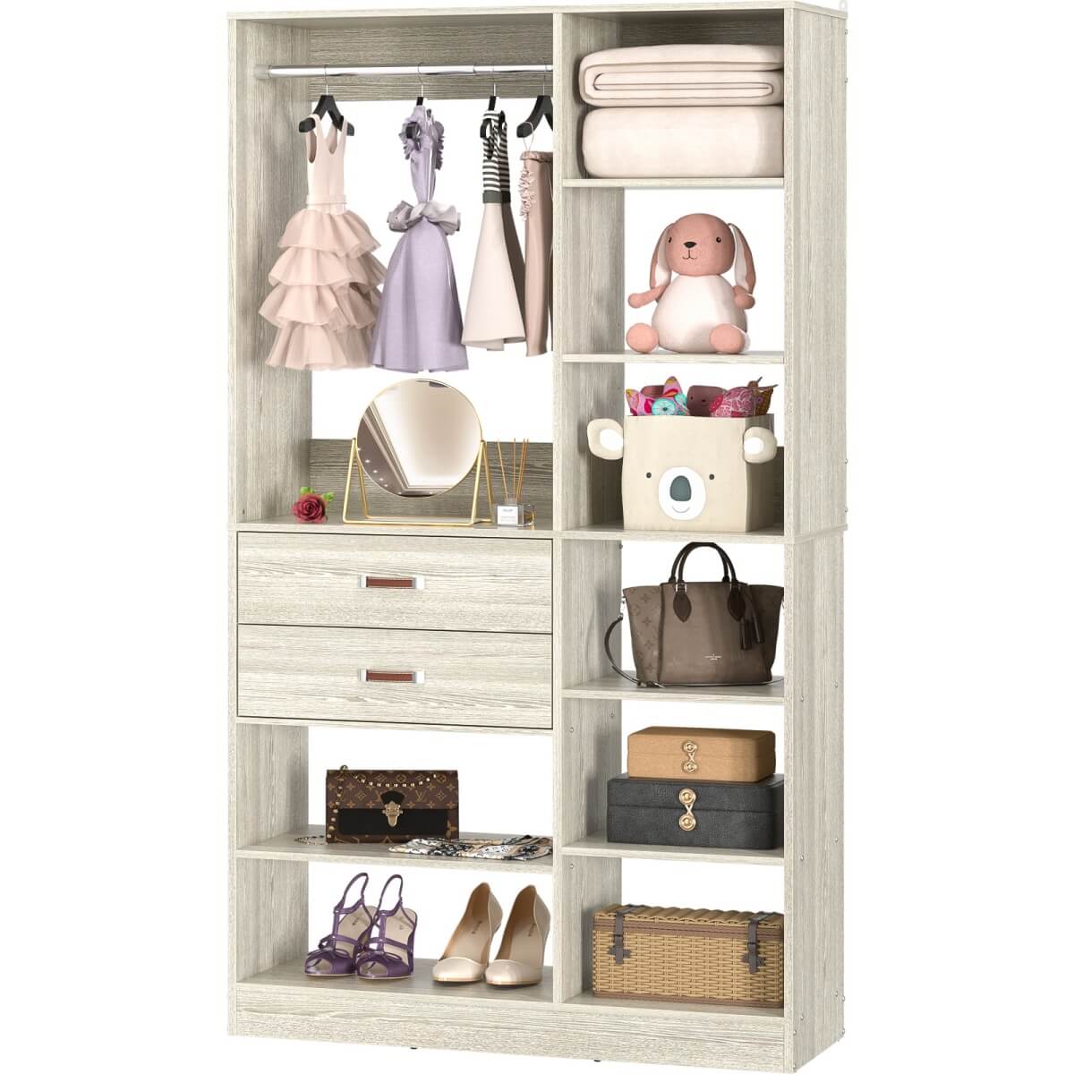40 Inch Freestanding Closet System with 2 Drawers, Shelves, and Suitcase Storage