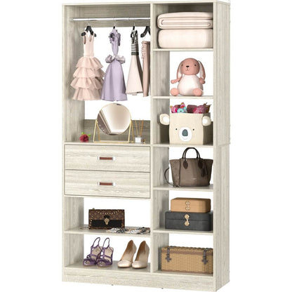 40 Inch Freestanding Closet System with 2 Drawers, Shelves, and Suitcase Storage