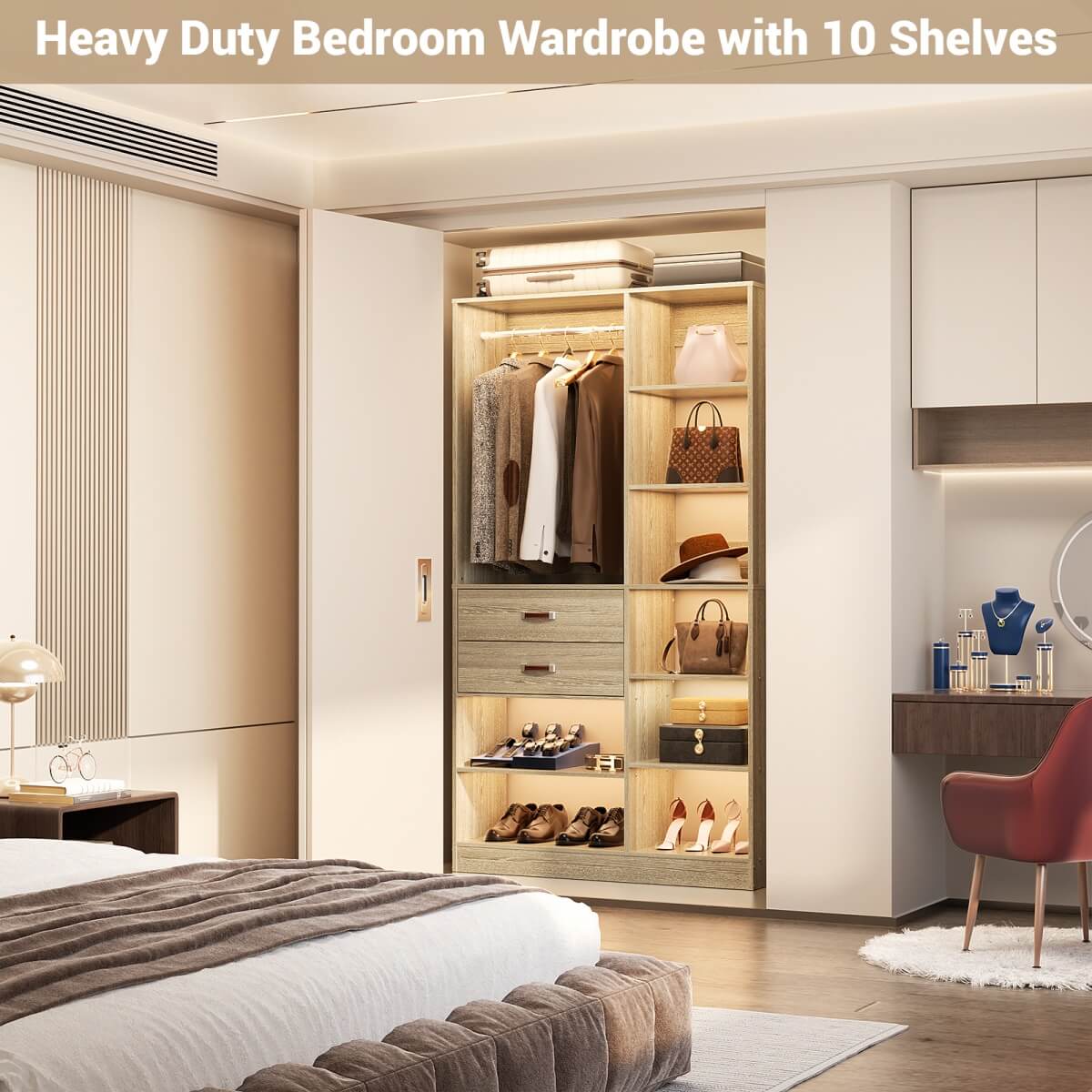 40 Inch Freestanding Closet System with 2 Drawers, Shelves, and Suitcase Storage
