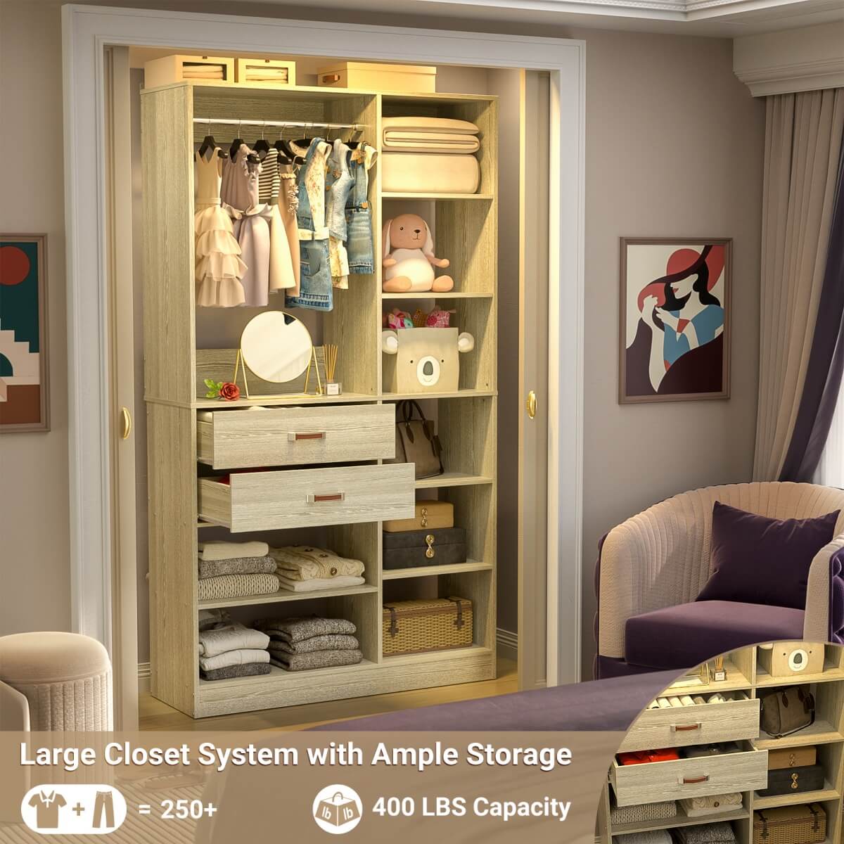 40 Inch Freestanding Closet System with 2 Drawers, Shelves, and Suitcase Storage